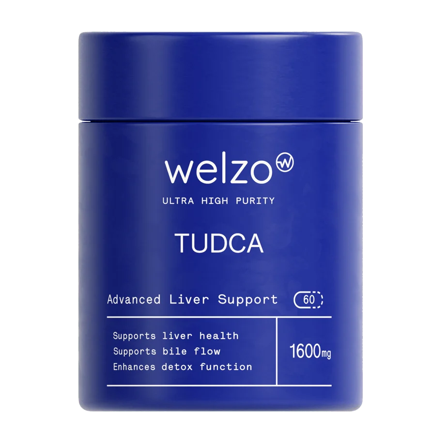 Welzo Ultra High Purity TUDCA supplement bottle containing Tauroursodeoxycholic Acid capsules